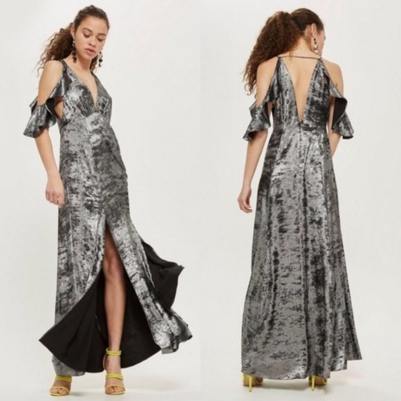 Topshop Dresses & Skirts - New TopShop Black Silver Metallic Ruffle Maxi Gown